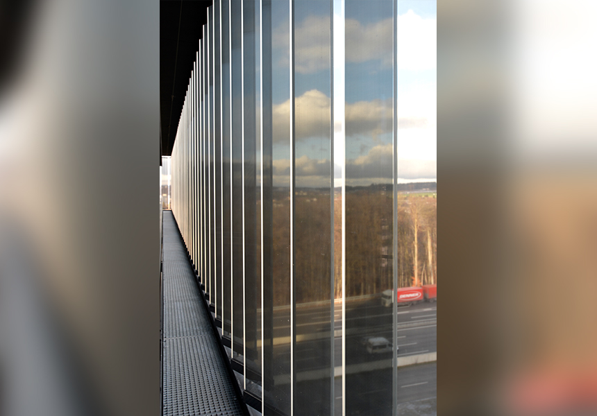 View from Inside of a Facade covered with metallic colored fins